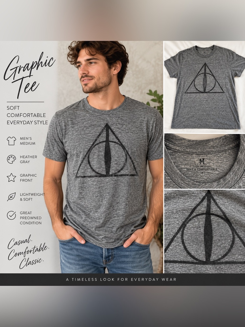 Harry Potter Deathly Hallows Graphic T-Shirt Men’s Medium Gray